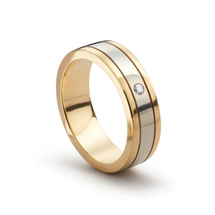 Two-tone white and yellow gold wedding ring with diamond - Saturno Plana | Mosso